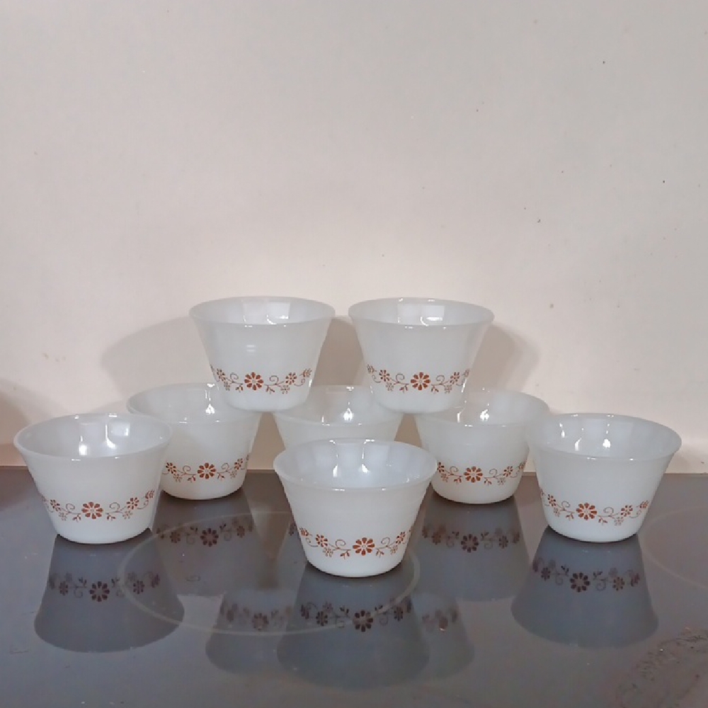 Vintage White Custard Cups with Brown Floral Design Dynaware Pyr-O-Rey